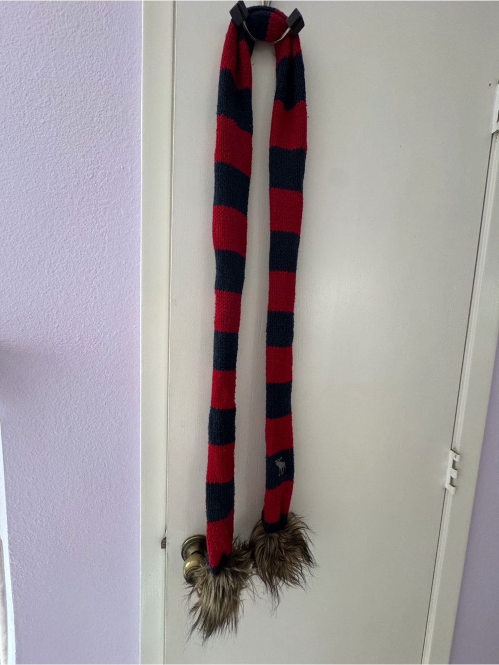 Vintage Abercrombie Y2K Red and Navy Striped Knit Scarf with Faux Fur Poms